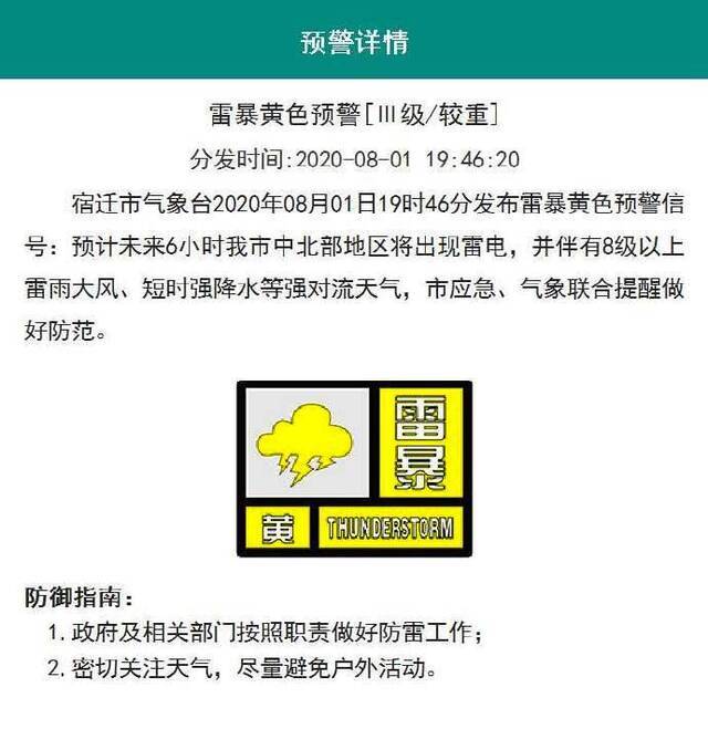 江苏宿迁市气象台发布雷暴黄色预警信号