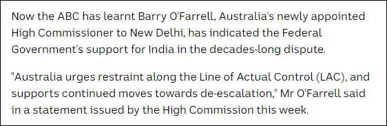 澳大利亚广播公司认为，奥法瑞尔此言是在暗示澳方在边境冲突问题上“站队”印度