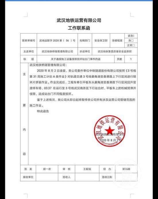 ▲武汉地铁集团下属公司相关文件载明了事故原因：工程车牵引着平板车途经事发地时，平板车上的机械臂弹开侵限，造成站台门不同程度损坏。