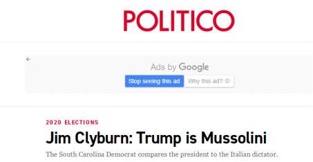 （“政客”网站报道截图：克莱本：特朗普就是墨索里尼）