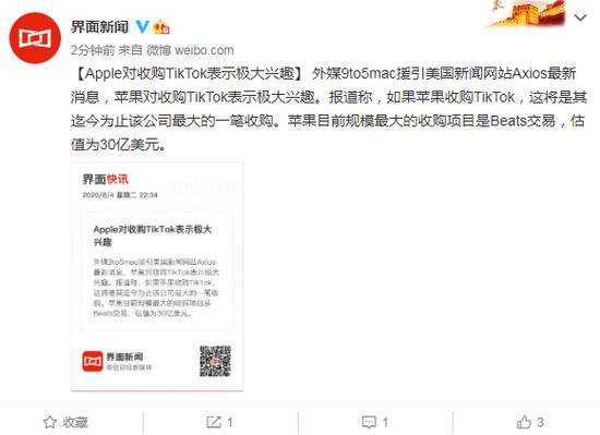 Apple对收购TikTok表示极大兴趣