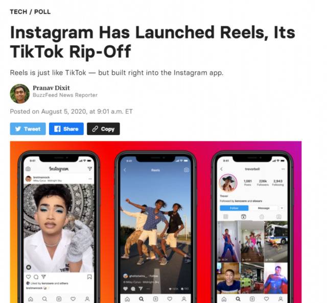 美国媒体惊呼：Facebook这是在赤裸裸地抄袭TikTok！