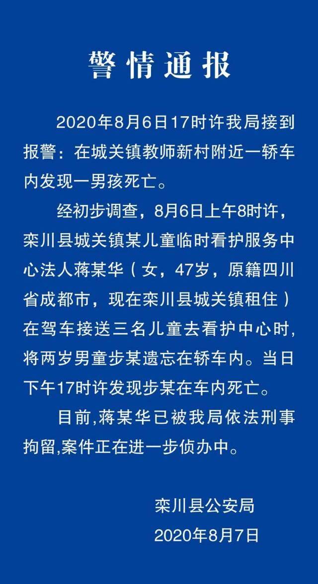 河南栾川男童被遗忘车内致死涉事看护中心负责人被刑拘