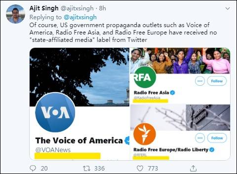 推特只针对中俄媒体账号贴“官媒”标签，网民戳破“双标”