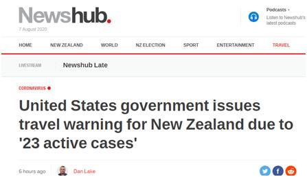 美国对新西兰发布“旅行警告”，称该国仍有“23例新冠活跃病例” 新西兰网友被逗乐了