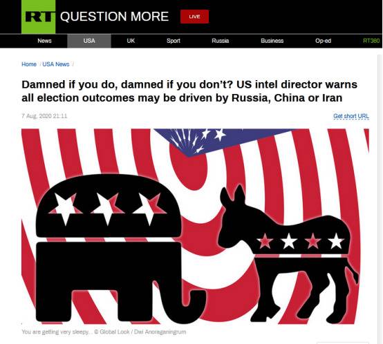 RT：做有错，不做也有错？美国情报官员警告称所有选举结果都可能由俄罗斯、中国或伊朗推动
