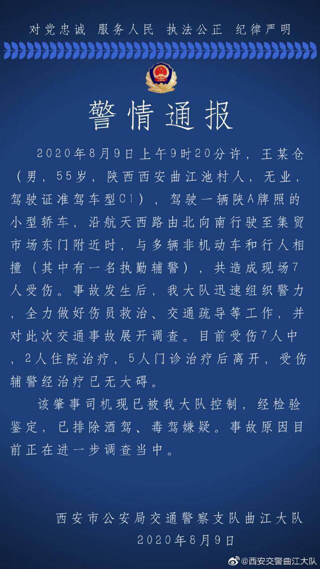 西安警方通报一轿车失控连撞7人:司机排除酒驾、毒驾