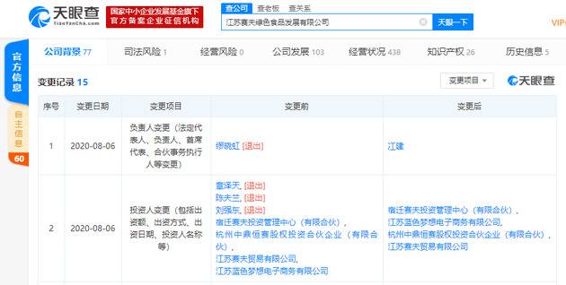 刘强东、章泽天退出江苏赛夫绿色食品发展有限公司投资人