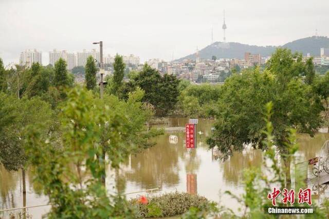 8月8日，首尔盘浦汉江公园内，多处步道、车道、停车场等被淹。连日暴雨致韩国首尔汉江水位猛增，附近部分道路、公园被淹。中新社记者曾鼐摄