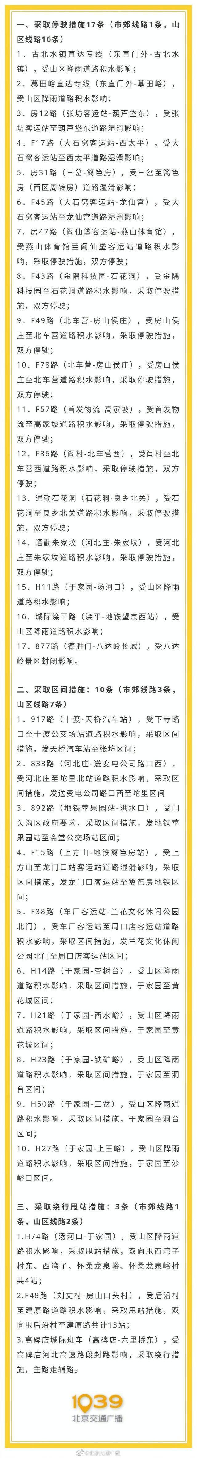 受降雨天气影响，目前北京公交共有135条线路采取临时措施