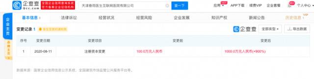 春雨医生天津子公司注册资本增加900%