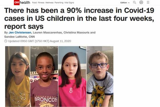 过去4周，美国儿童新冠肺炎病例激增（CNN报道截图）