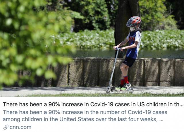 根据报告，过去4周中，美国儿童确诊病例增加了90%。/ CNN报道截图