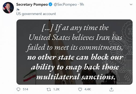 蓬佩奥：“没有国家”能阻止美国重启对伊朗的多边制裁措施