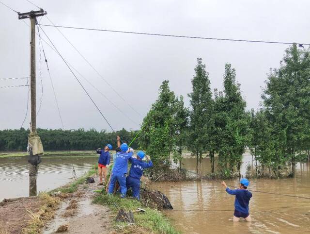 ↑拉线更换洪水冲垮的线路。