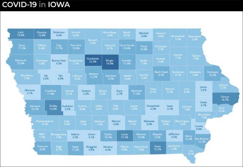 艾奥瓦州各地区14天阳性率图源：艾奥瓦州政府网站