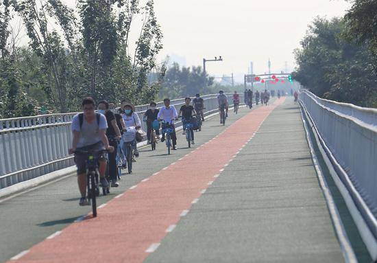 今日早高峰，市民在自行车专用路上骑行。摄影/新京报记者王贵彬