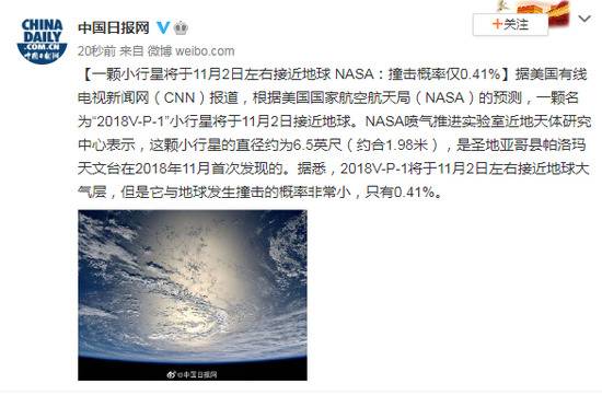 一颗小行星将于11月2日左右接近地球NASA：撞击概率仅0.41%