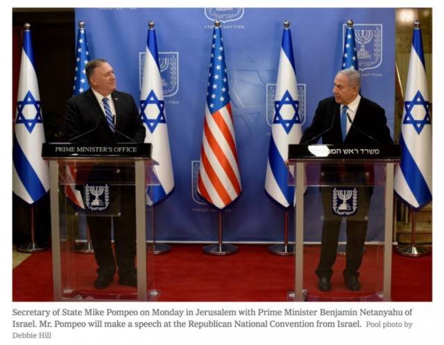 当地时间8月24日，蓬佩奥在耶路撒冷与以色列总理内塔尼亚胡会面。/《纽约时报》网站截图