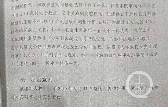 ▲2019年11月25日，上海司法鉴定科学研究所对林某损伤程度鉴定为轻伤。受访者供图