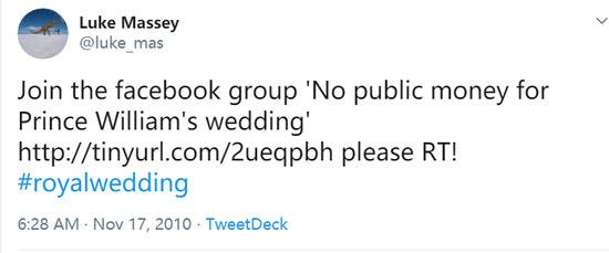 英国网民此前发起“反对用公款筹办王子婚礼”的群组，图源：推特