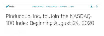 ▲北京时间8月25日，拼多多被纳入“纳斯达克100指数”成分股，成为目前最年轻的成分股企业，同时也是纳斯达克历史上，从创立到入榜时间用时最短的企业。