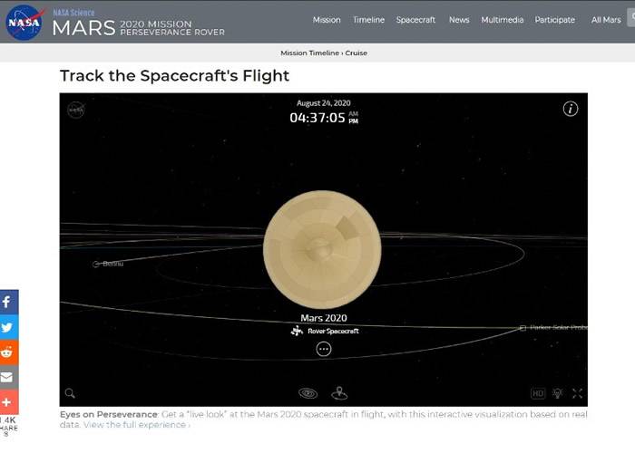 NASA“聚焦太阳系”实时数据网站让民众可“跟随”火星探测器坚毅号一起漫游宇宙