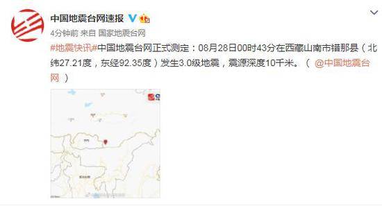 西藏山南市错那县发生3.0级地震 震源深度10千米