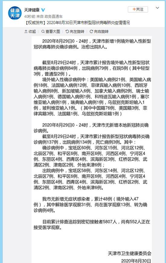 8月29日0-24时 天津新增1例境外输入确诊病例