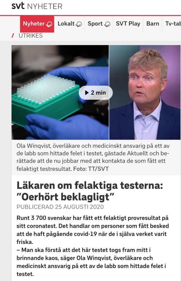 △瑞典电视台报道“关于错误的测试结果，非常遗憾”，“这是一种来自中国的检测试剂盒，它把实际上健康的人的测出了新冠肺炎阳性的结果。”