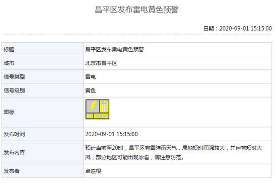 北京5区发布雷电黄色预警 部分地区有冰雹