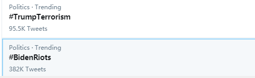 （图为推特上的两个热门话题标签“特朗普恐怖主义”和“拜登暴动”）