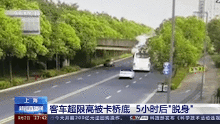上海一大客车超限高被卡桥底 5小时后“脱身”