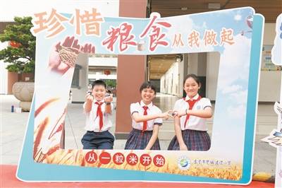 学生们在珍惜粮食的宣传牌处留影。