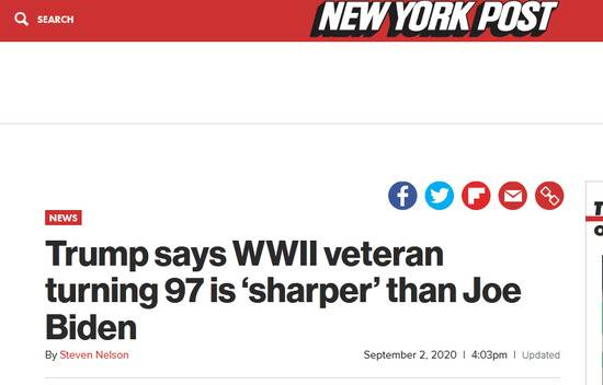 《纽约邮报》报道：特朗普称97岁二战老兵比乔·拜登还“思维敏捷”