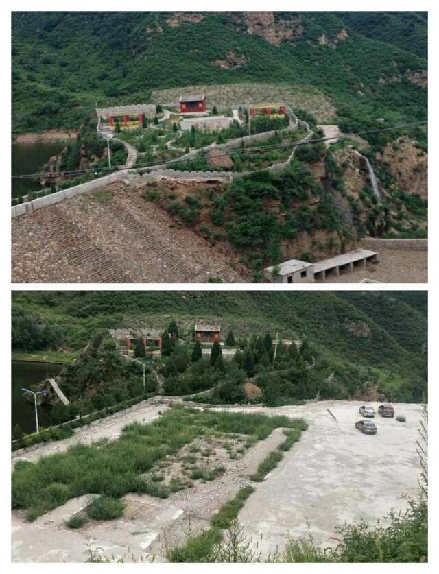 上图为2013年艾洪录填补大坝作为养猪场后照片；下图为2016年艾洪录彻底扩大大坝后照片。受访者供图