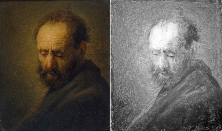 《大胡子男人头像》左图为绘画，右图为红外图像。