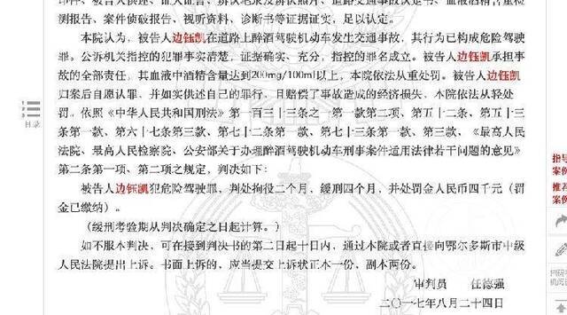 ▲2017年，边钰凯曾因危险驾驶罪被法院判处拘役2个月，缓刑4个月。图片来源/中国裁判文书网