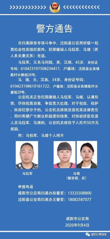 悬赏50万！陕西咸阳警方通缉一对涉黑在逃夫妻