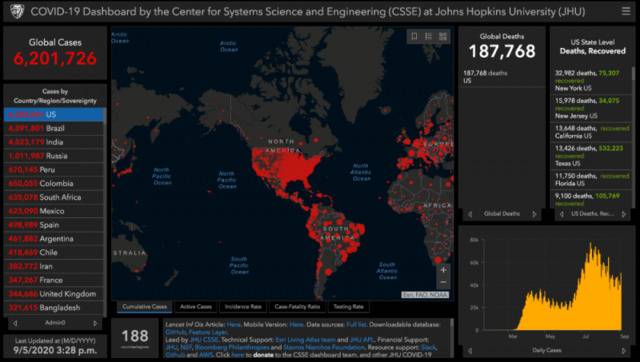美国疫情数据。/约翰斯·霍普金斯大学网站截图。