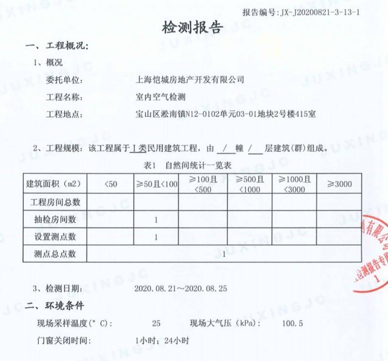 物业方的检测报告截图，现场采样温度和门窗关闭时间存疑。物业方提供报告