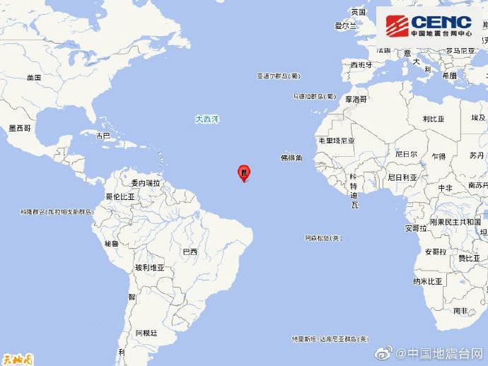 中大西洋海岭中部发生6.6级地震，震源深度10千米