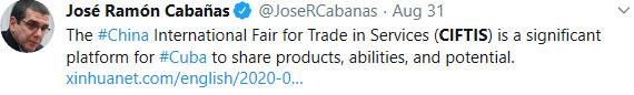 古巴驻美国大使乔赛·卡巴纳斯推特截图