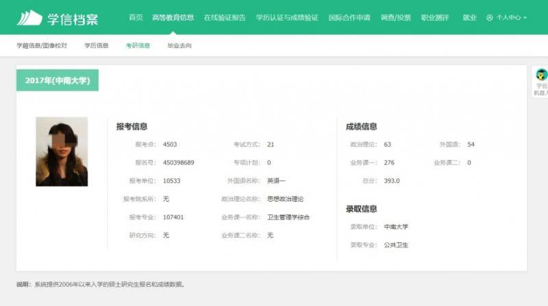 学信网上童欣的考研信息受访者供图