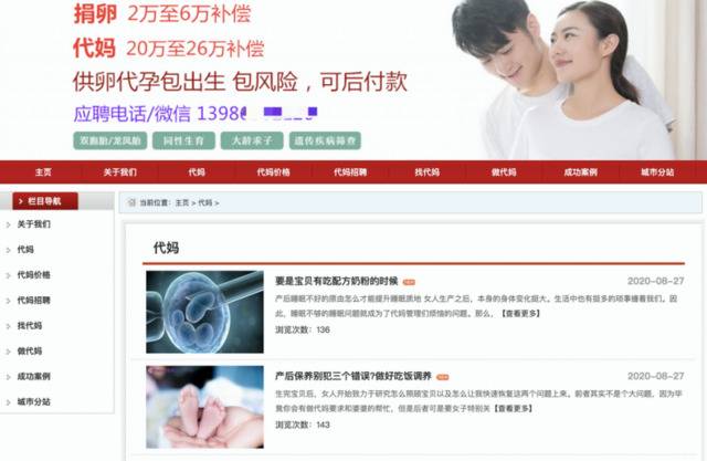 网上出现的招募代妈、卖卵女孩网站。