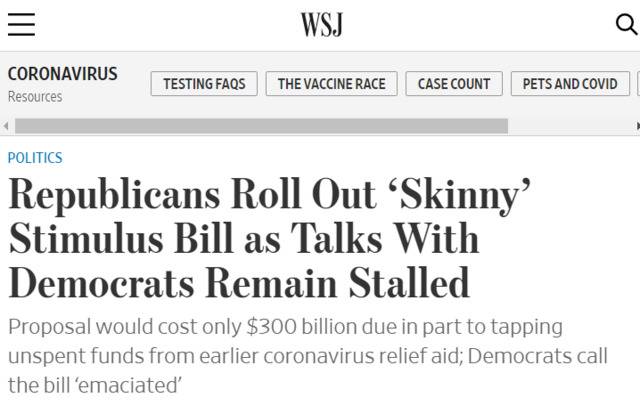 △《华尔街日报》报道共和党推出“瘦身版”经济刺激法案与民主党的谈判仍陷入僵局