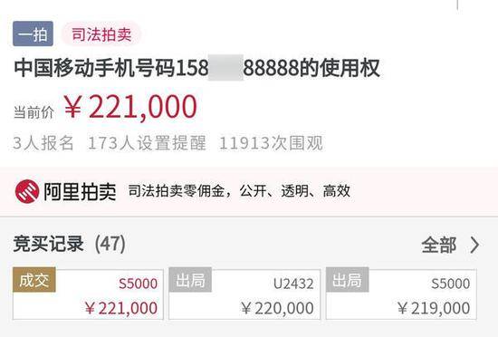 法院拍卖88888手机靓号 22.1万元成交