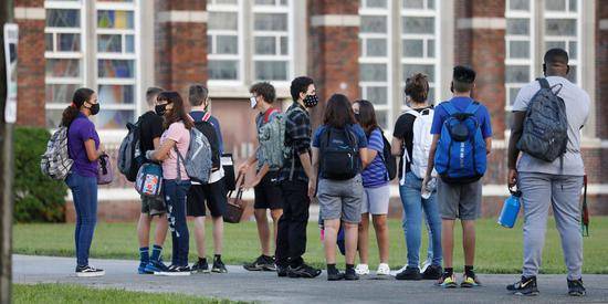 佛州学生入校前排队等待体温检测。（图源：Getty Images）