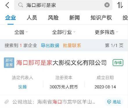 沈腾公司名字“海口那可是家大影视文化有限公司”