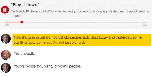 △3月19日，特朗普告诉伍德沃德：“现在情况是，不仅仅是老年人，鲍勃。就在今天和昨天，一些惊人的事实出来了。不只是老年人，年轻人也有，很多年轻人。”采访录音来源CNN